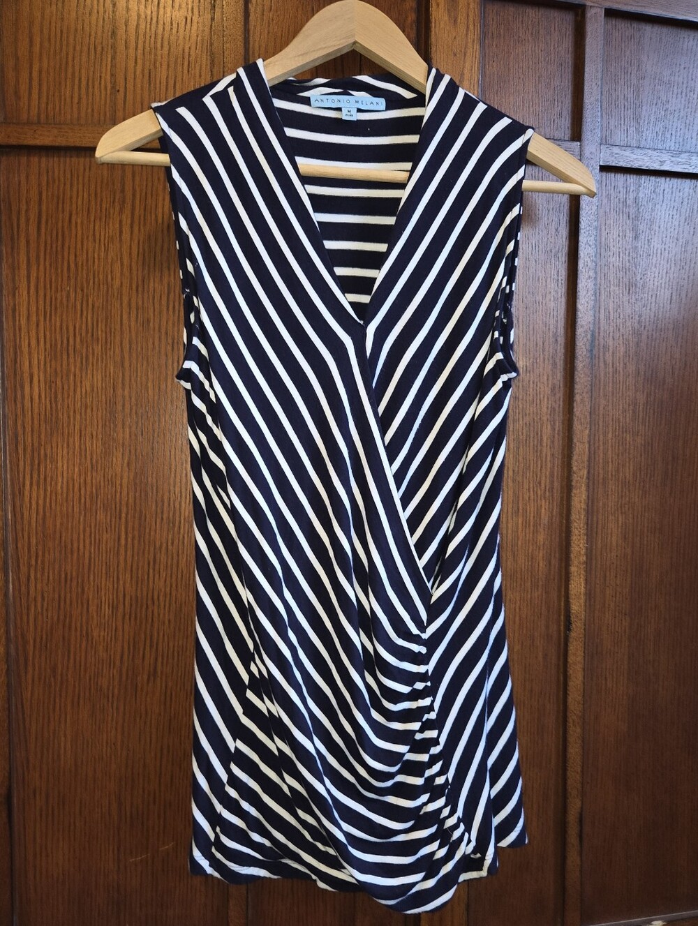 ANTONIO MELANI Navy and White Sleeveless Striped Wrap-Front Top